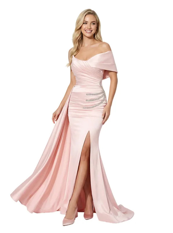 Fancy One Shoulder Ruched Mermaid Beaded Satin Maxi Prom Dress With Waist Drape sold by ChicSew