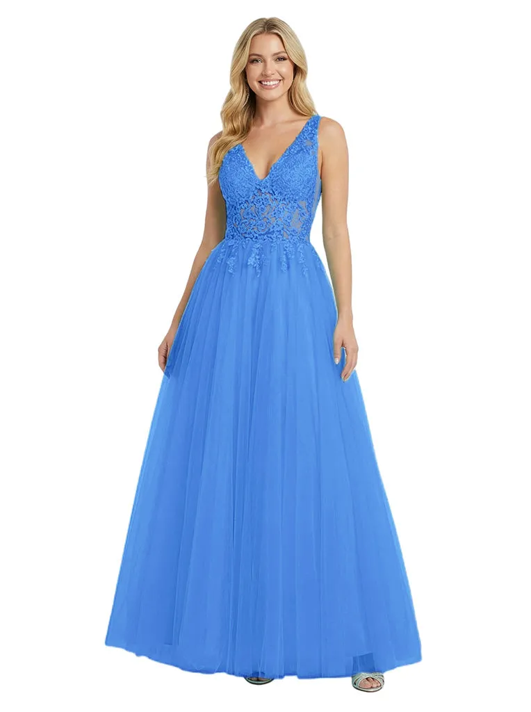 Elegant V-Neck A-line Lace Applique Corset Long Evening Prom Dresses sold by ChicSew product image thumbnail 5