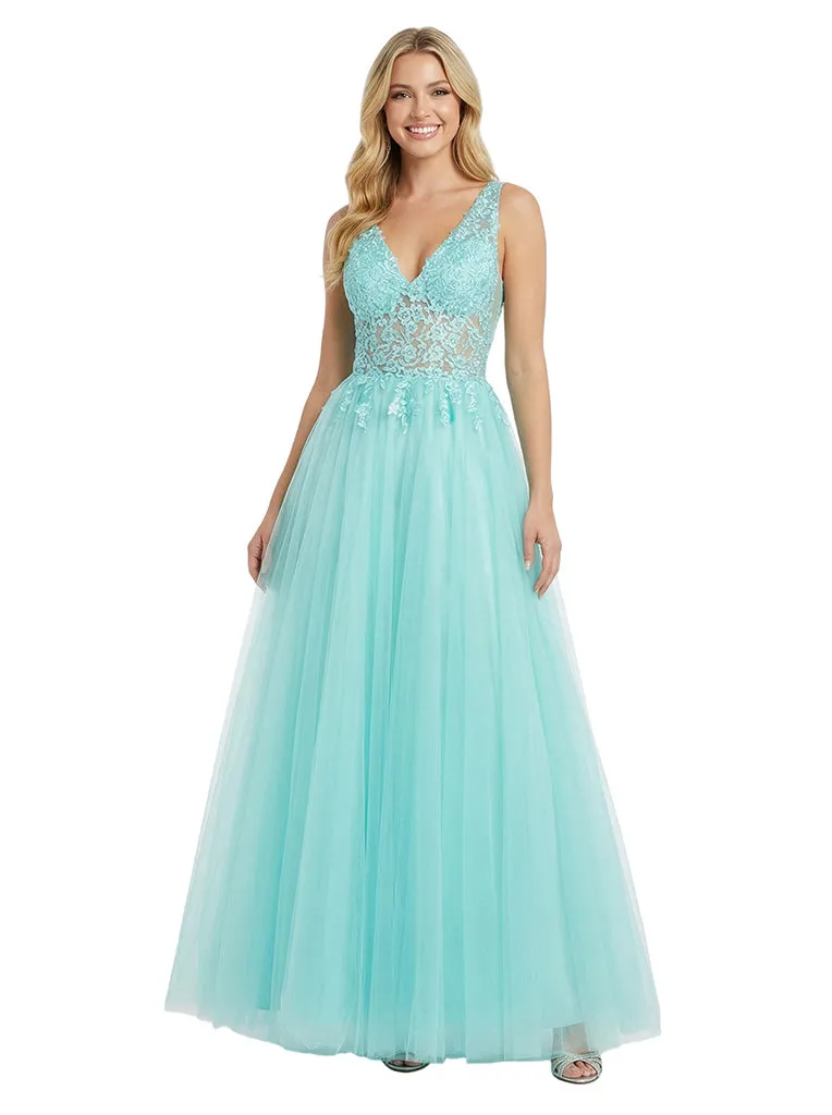 Elegant V-Neck A-line Lace Applique Corset Long Evening Prom Dresses sold by ChicSew