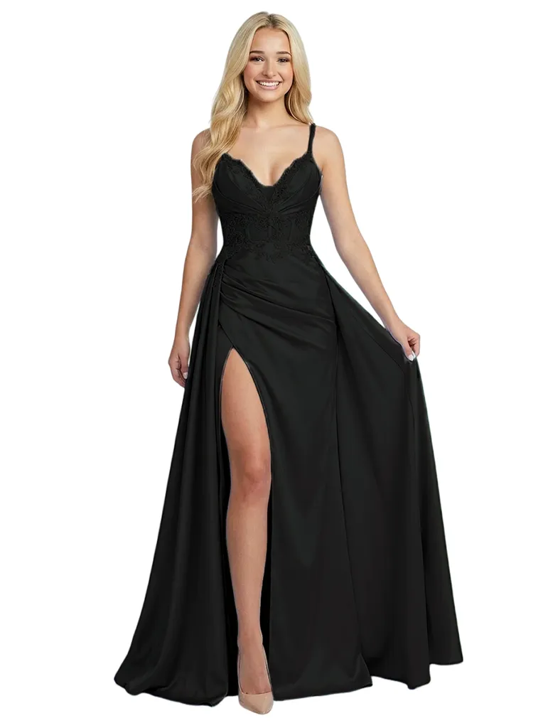 Sexy Spaghetti Strap Lace Corset High Slit Satin Prom Gown A-Line Formal Party Dress sold by ChicSew product image thumbnail 3