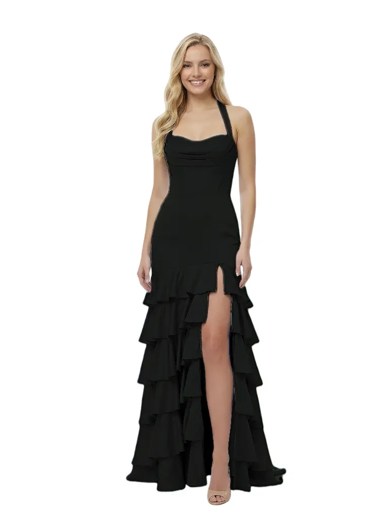 Charming Halter Corset Tiered Ruffles Satin Mermaid Satin Prom Dress sold by ChicSew product image thumbnail 4