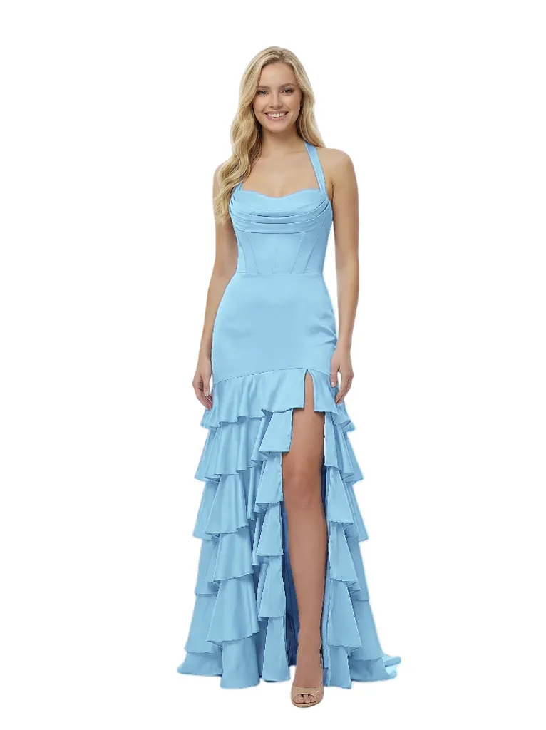 Charming Halter Corset Tiered Ruffles Satin Mermaid Satin Prom Dress sold by ChicSew product image thumbnail 5