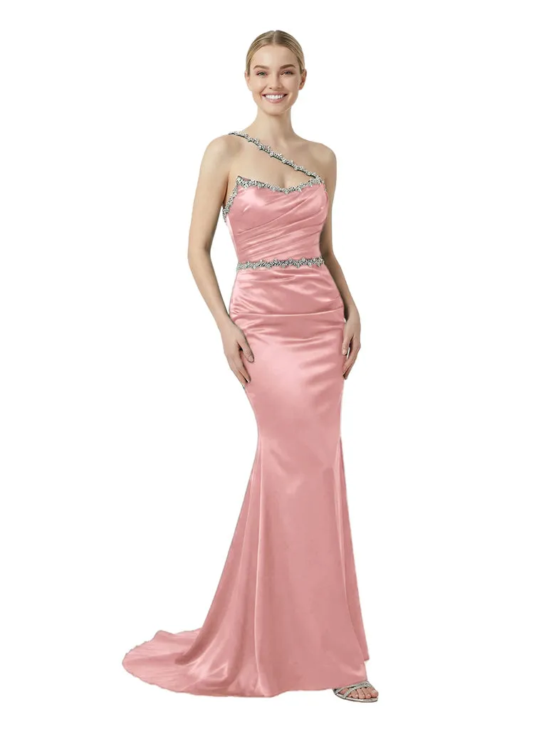 Classy One Shoulder Beaded Mermaid Ruched Satin Evening Gown sold by ChicSew product image thumbnail 5