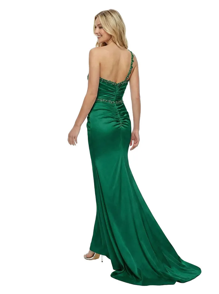 Classy One Shoulder Beaded Mermaid Ruched Satin Evening Gown sold by ChicSew product image thumbnail 2