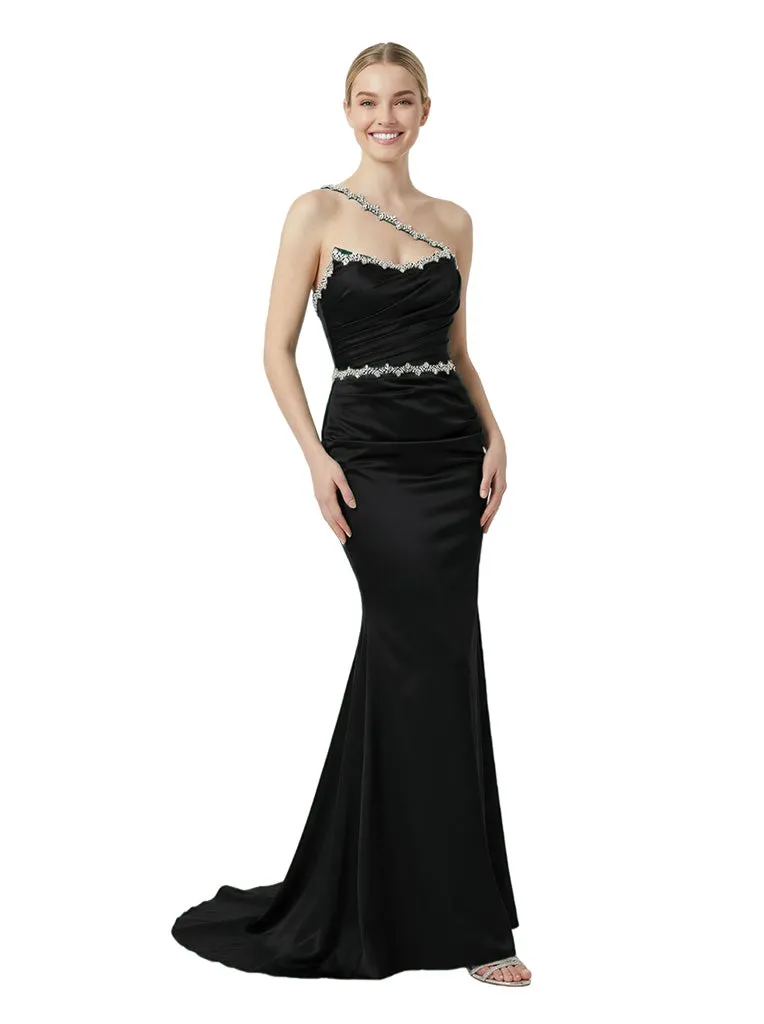 Classy One Shoulder Beaded Mermaid Ruched Satin Evening Gown sold by ChicSew product image thumbnail 3