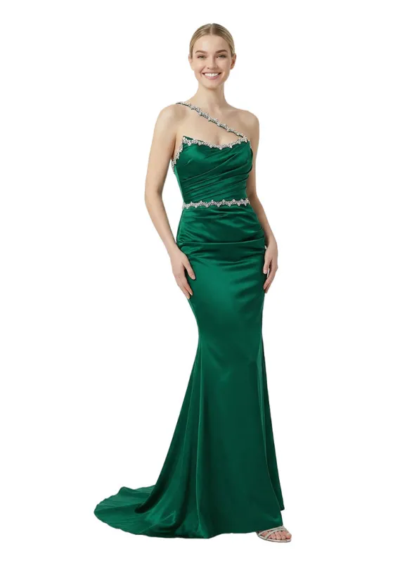Classy One Shoulder Beaded Mermaid Ruched Satin Evening Gown sold by ChicSew