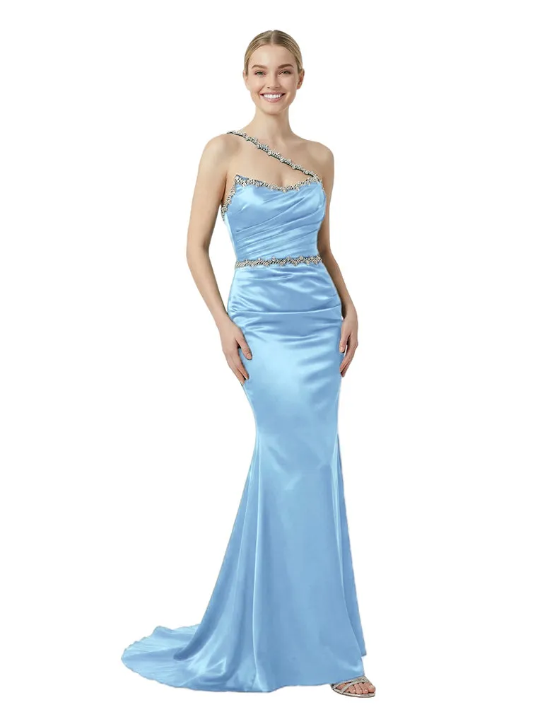 Classy One Shoulder Beaded Mermaid Ruched Satin Evening Gown sold by ChicSew product image thumbnail 4