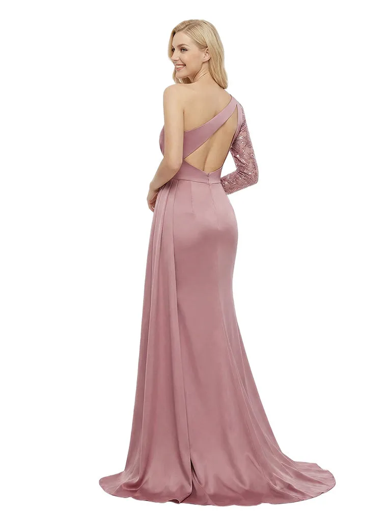 Elegant One Shoulder Long Sleeve Satin Mermaid Lace Prom Gown With Side Slit sold by ChicSew product image thumbnail 3