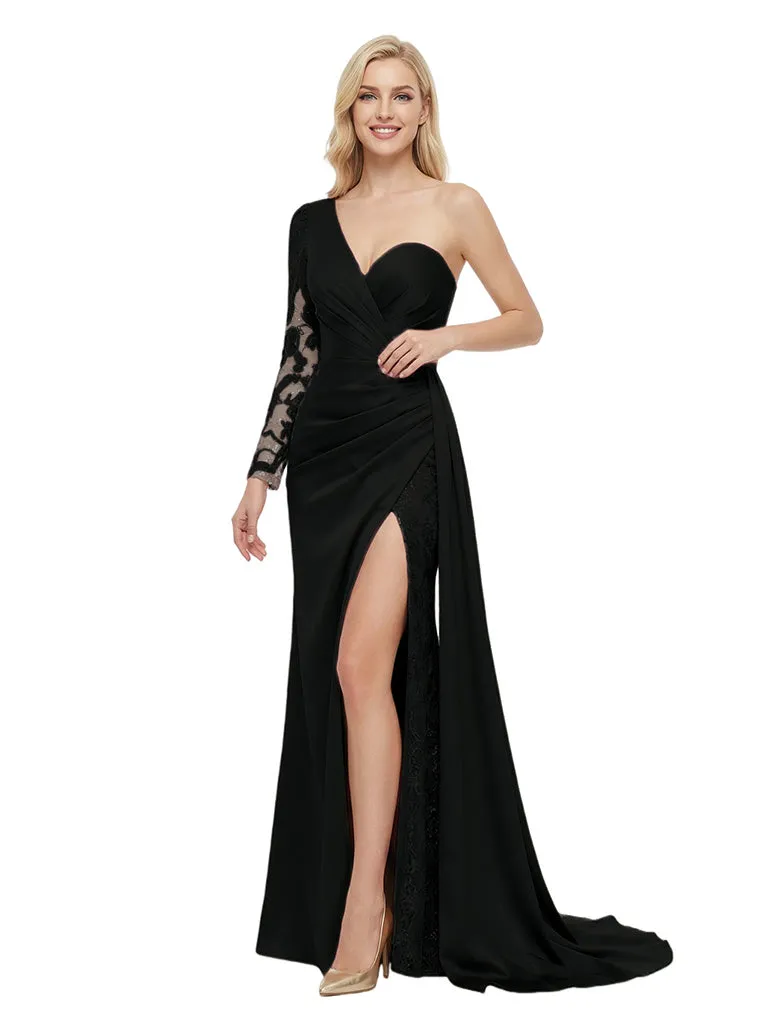 Elegant One Shoulder Long Sleeve Satin Mermaid Lace Prom Gown With Side Slit sold by ChicSew product image thumbnail 4