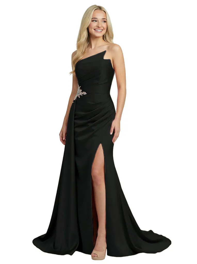 Sexy Strapless Ruched Satin Side Slit Formal Dress With Waist Drape sold by ChicSew product image thumbnail 4