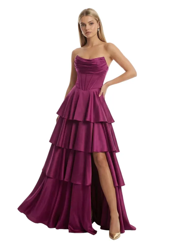 Sexy Strapless Sweetheart Ruched Boning Side Slit A-Line Satin Maxi Prom Dress sold by ChicSew