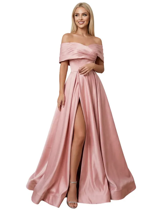 Elegant Off The Shoulder Satin A-Line Prom Gown With Side Slit sold by ChicSew