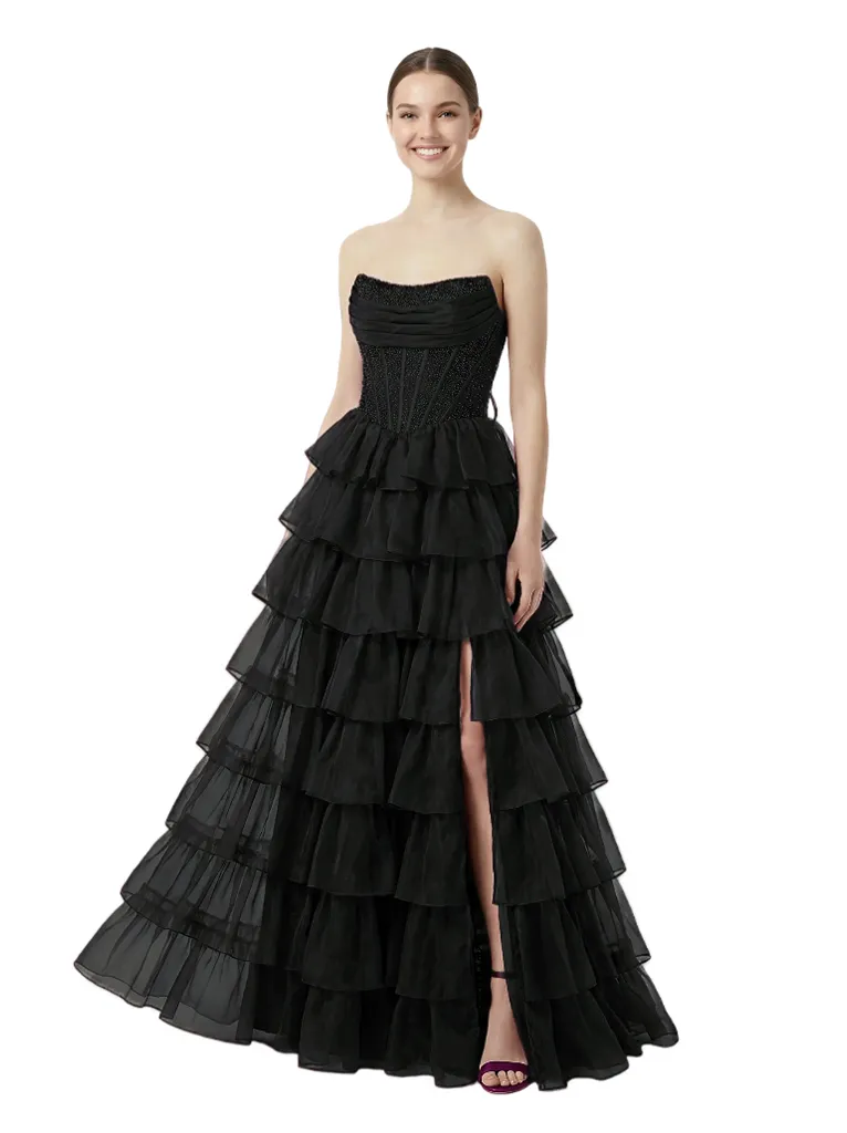 Sexy Strapless Sweetheart Ruched Corset Side Slit A-Line Tulle Maxi Prom Dress sold by ChicSew product image thumbnail 4
