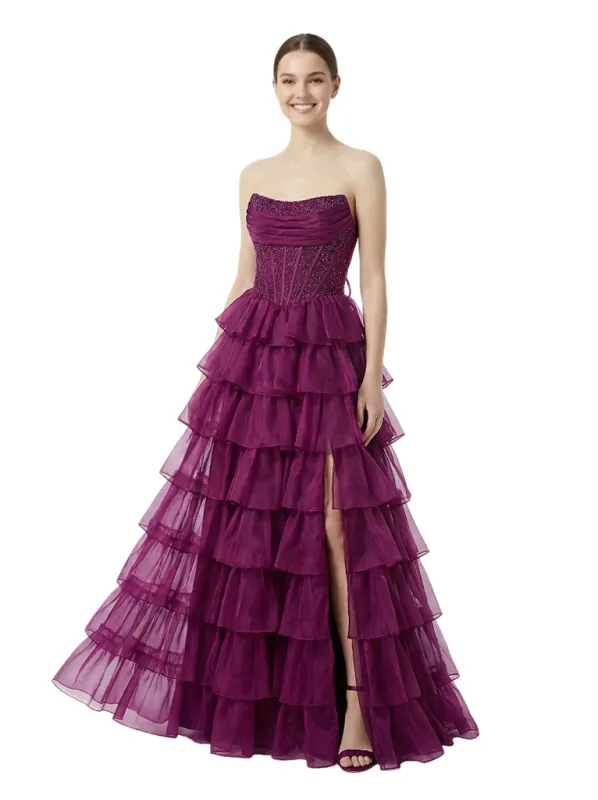 Sexy Strapless Sweetheart Ruched Corset Side Slit A-Line Tulle Maxi Prom Dress sold by ChicSew
