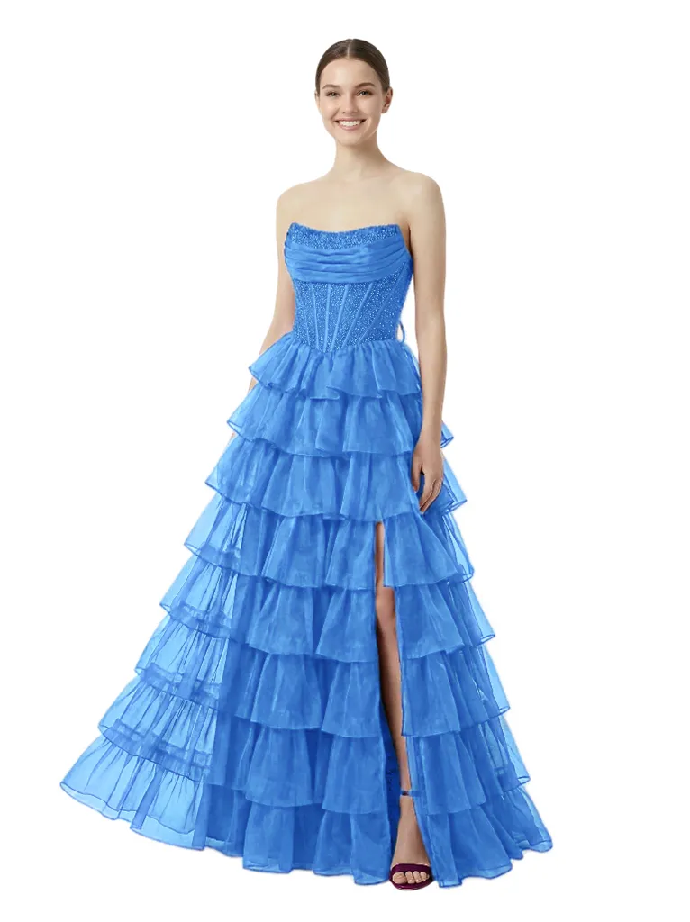 Sexy Strapless Sweetheart Ruched Corset Side Slit A-Line Tulle Maxi Prom Dress sold by ChicSew product image thumbnail 5