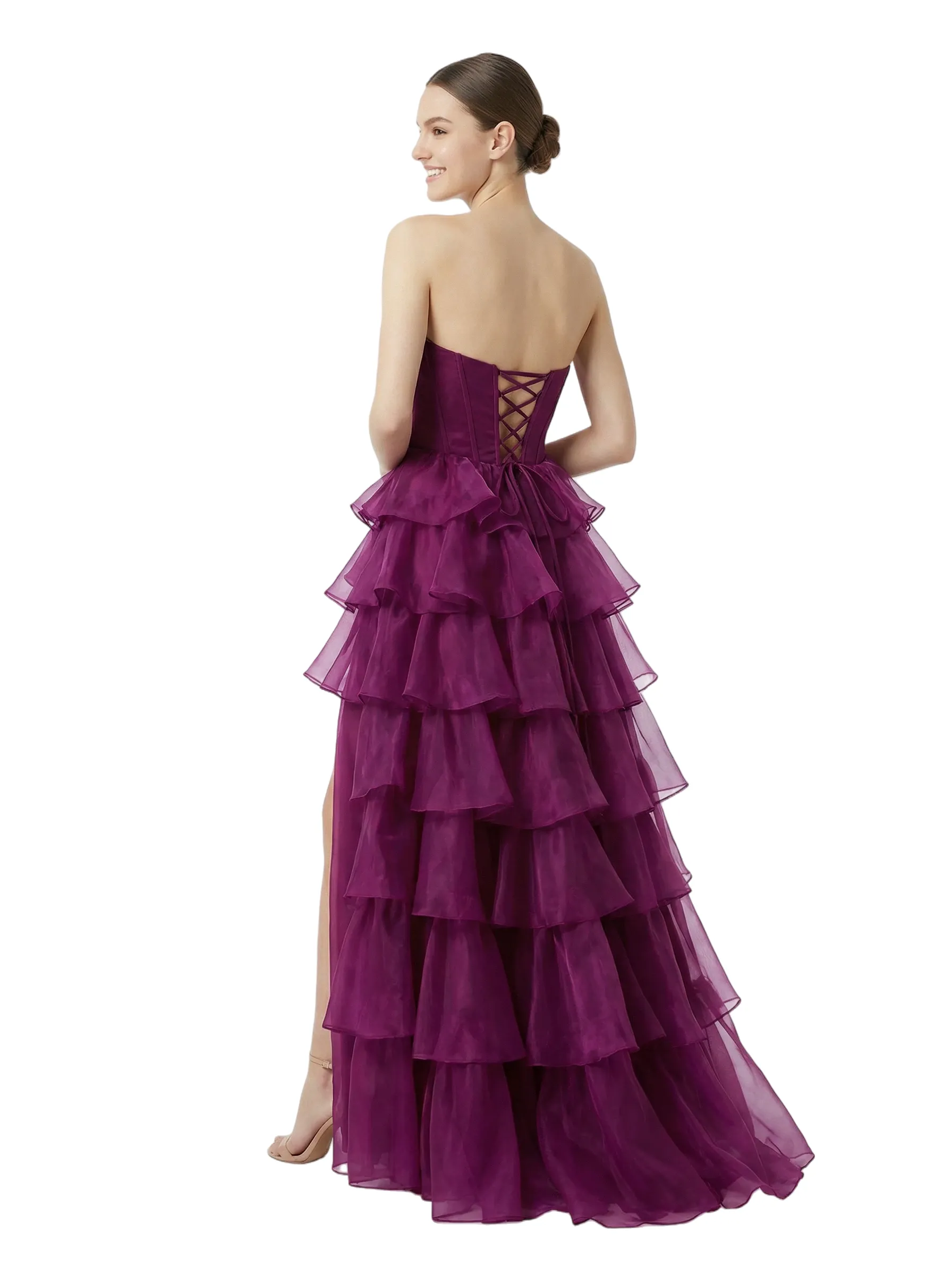 Sexy Strapless Sweetheart Ruched Corset Side Slit A-Line Tulle Maxi Prom Dress sold by ChicSew product image thumbnail 3