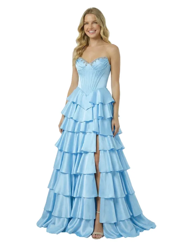 Sexy Strapless Sweetheart Ruched Corset Side Slit A-Line Satin Maxi Prom Dress sold by ChicSew