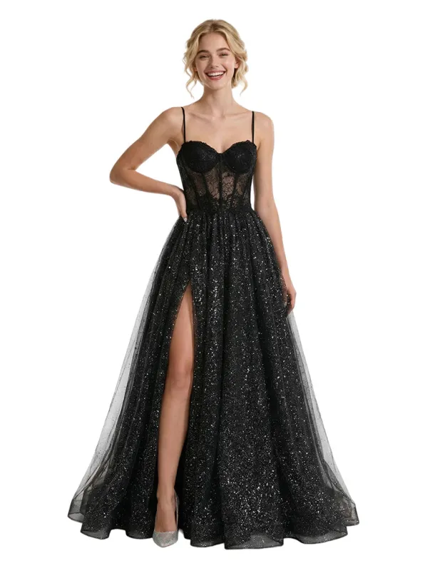 Sexy Lace Glitter Tulle A-Line Spaghetti Straps Corset Side Slit Prom Dress sold by ChicSew