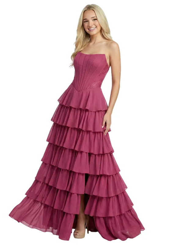 Elegant Strapless Boning Tiered Ruffles A-Line Chiffon Prom Dress sold by ChicSew