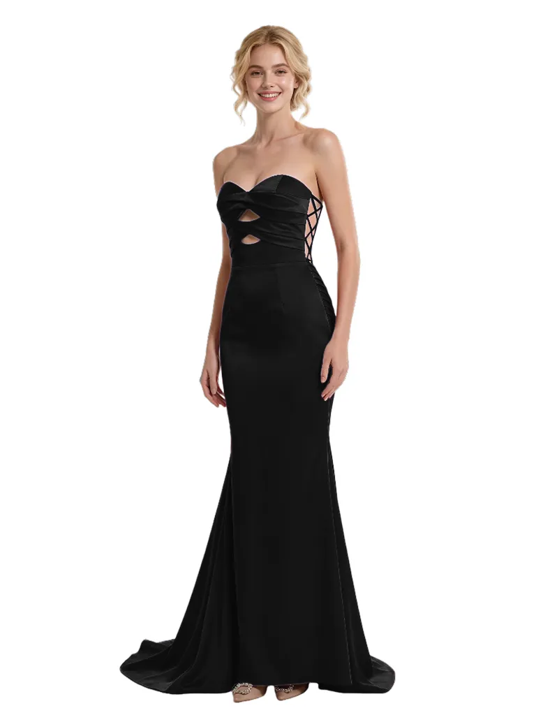 Sexy Strapless Sweetheart Ruched Lace Up Back Mermaid Satin Maxi Prom Dress sold by ChicSew product image thumbnail 4