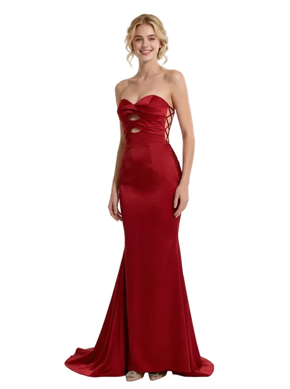 Sexy Strapless Sweetheart Ruched Lace Up Back Mermaid Satin Maxi Prom Dress sold by ChicSew