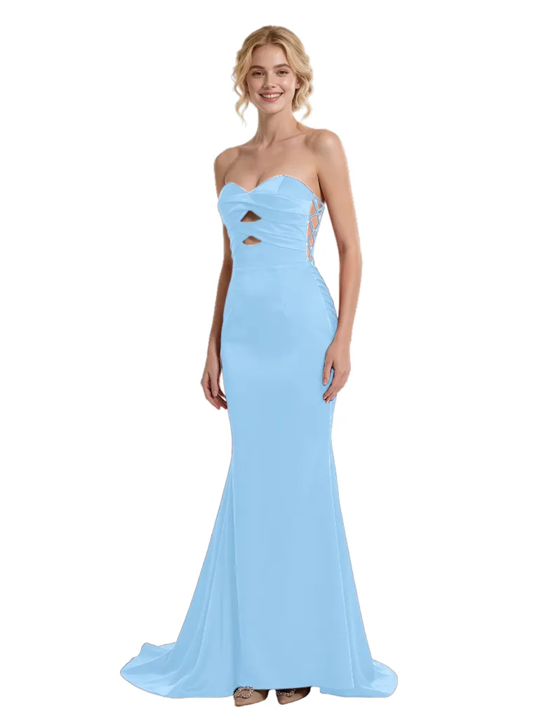 Sexy Strapless Sweetheart Ruched Lace Up Back Mermaid Satin Maxi Prom Dress sold by ChicSew product image thumbnail 5