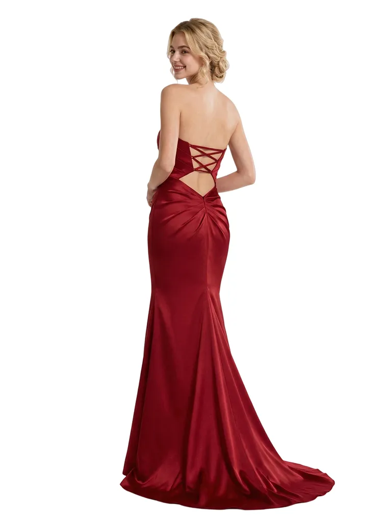 Sexy Strapless Sweetheart Ruched Lace Up Back Mermaid Satin Maxi Prom Dress sold by ChicSew product image thumbnail 3