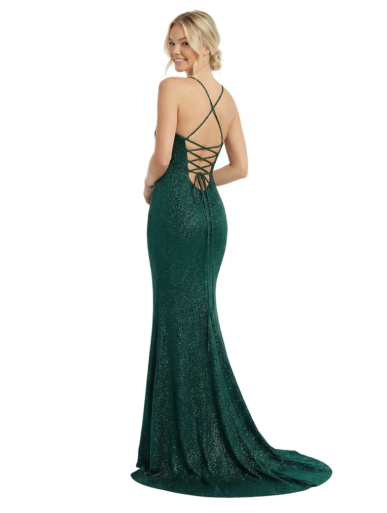 Sparkly Spaghetti Straps Glitter Jersey V-neck Mermaid Side Slit Ruched Evening Prom Dresses sold by ChicSew product image thumbnail 3