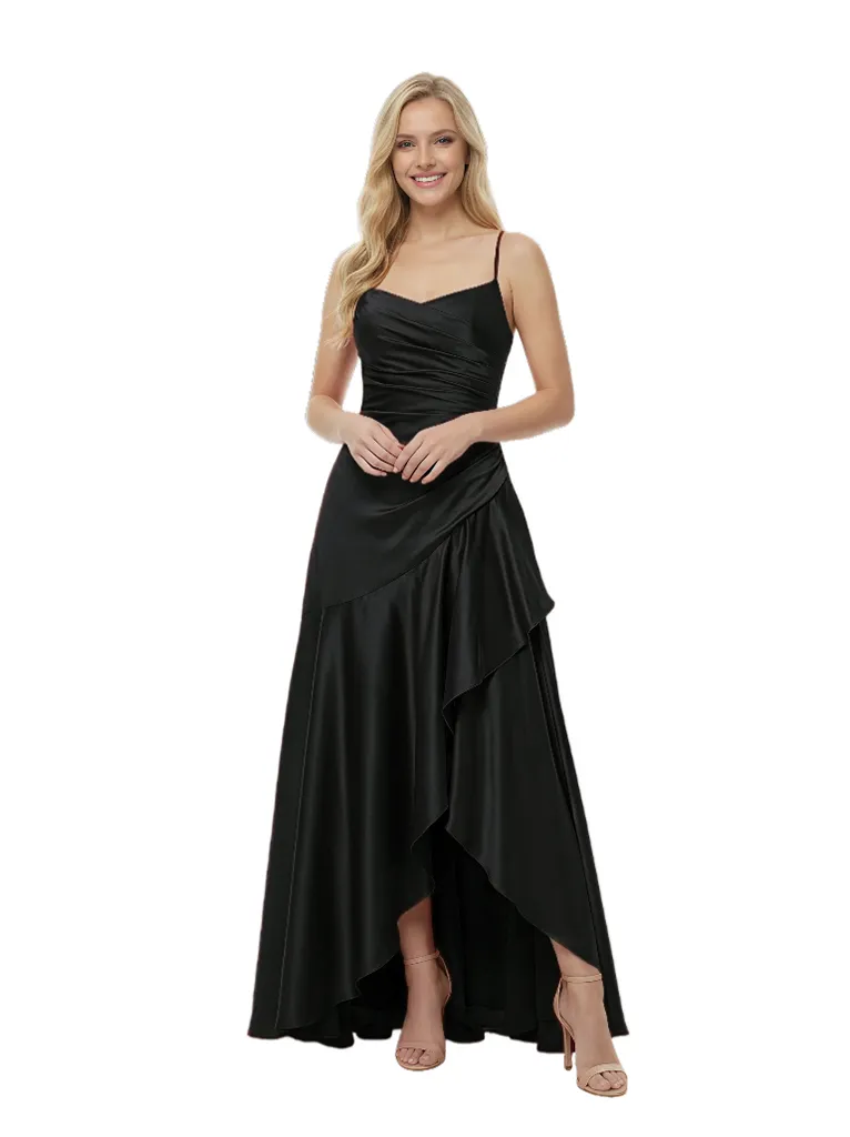 Elegant Spaghetti Straps Ruched High-Low Asymmetric Satin Prom Gown sold by ChicSew product image thumbnail 4