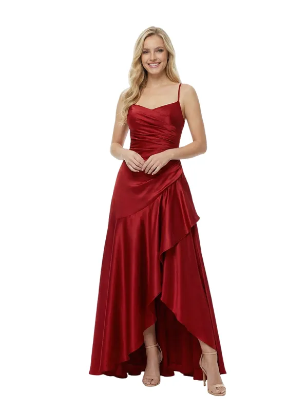 Elegant Spaghetti Straps Ruched High-Low Asymmetric Satin Prom Gown sold by ChicSew