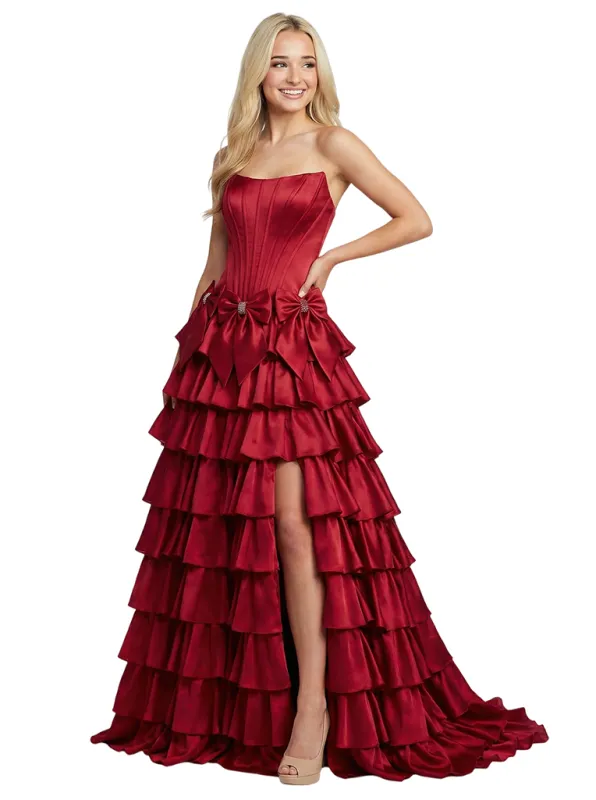 Unique Tiered Ruffled Skirt A-Line Satin Bow Knot Strapless Corset Prom Dress sold by ChicSew