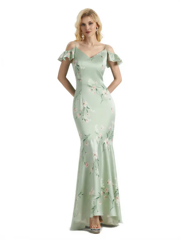 Beautiful Mermaid Cold Shoulder Floral Satin Maxi Floral Formal Dresses For Women sold by ChicSew