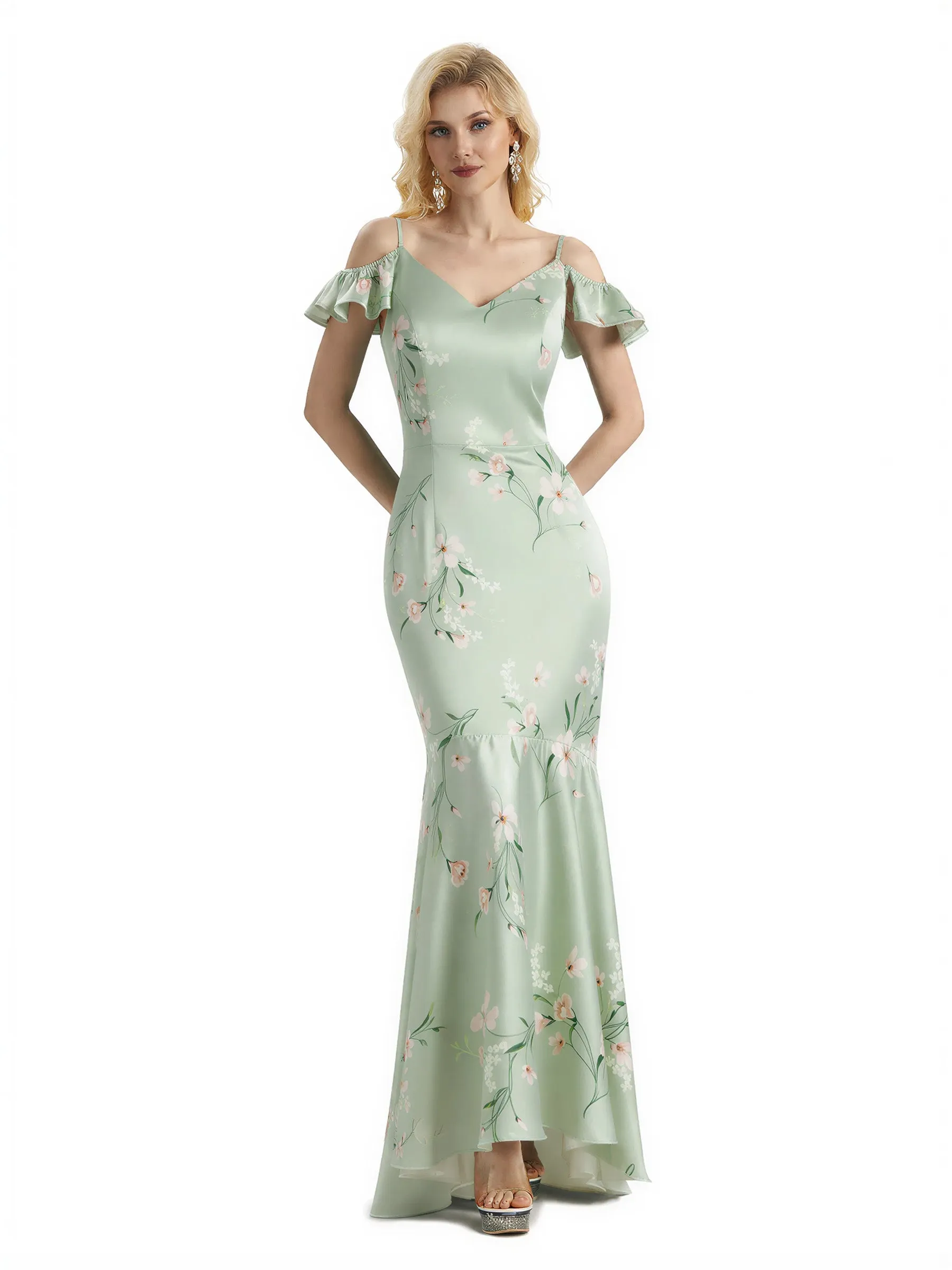 Beautiful Mermaid Cold Shoulder Floral Satin Maxi Floral Formal Dresses For Women sold by ChicSew