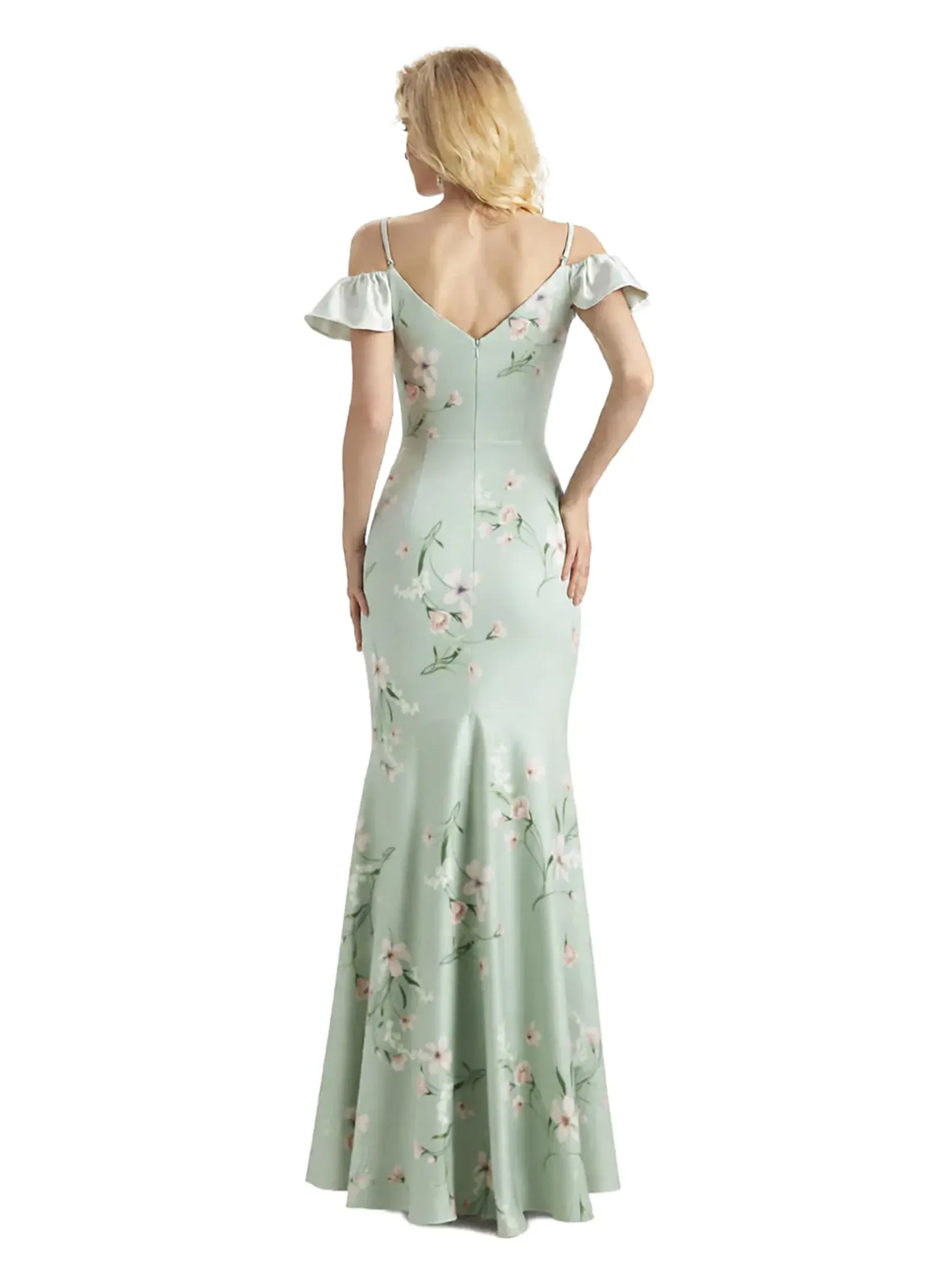 Beautiful Mermaid Cold Shoulder Floral Satin Maxi Floral Formal Dresses For Women sold by ChicSew product image thumbnail 2