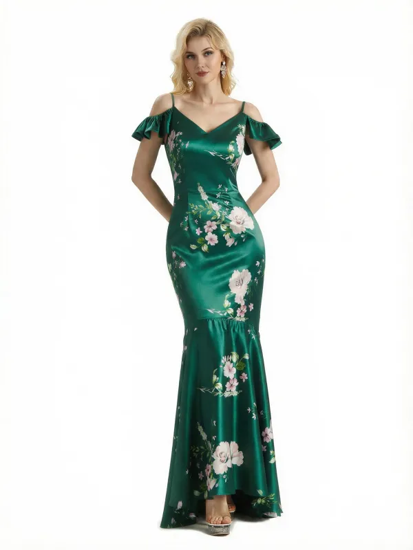 Beautiful Mermaid Cold Shoulder Floral Satin Maxi Floral Formal Dresses For Women sold by ChicSew