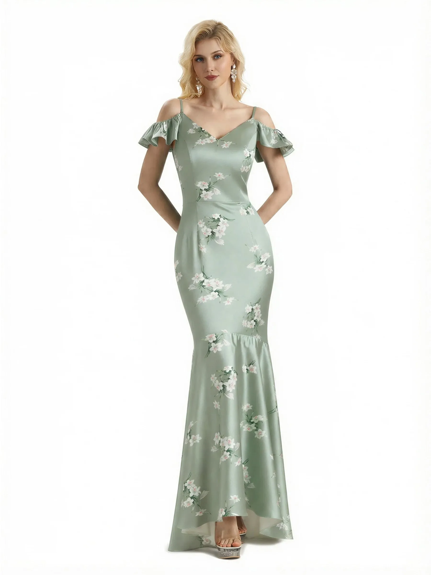 Beautiful Mermaid Cold Shoulder Floral Satin Maxi Floral Formal Dresses For Women sold by ChicSew