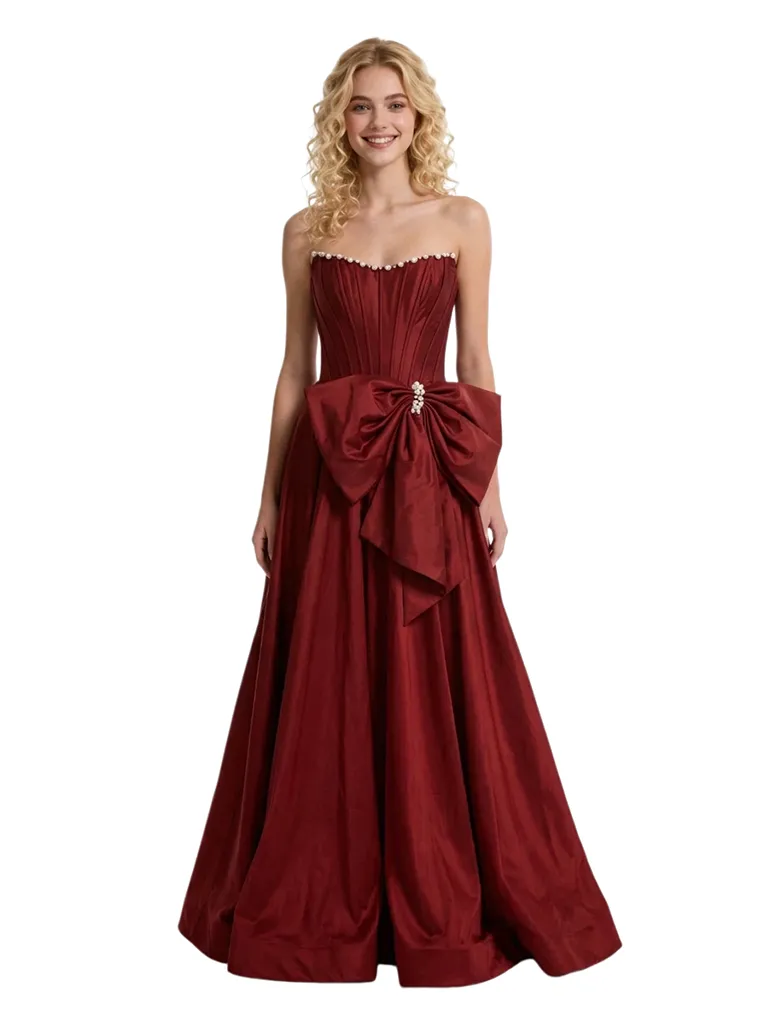 Unique Pearl Trim Corset Prom Dress Strapless A-Line Evening Gown With Giant Bow sold by ChicSew