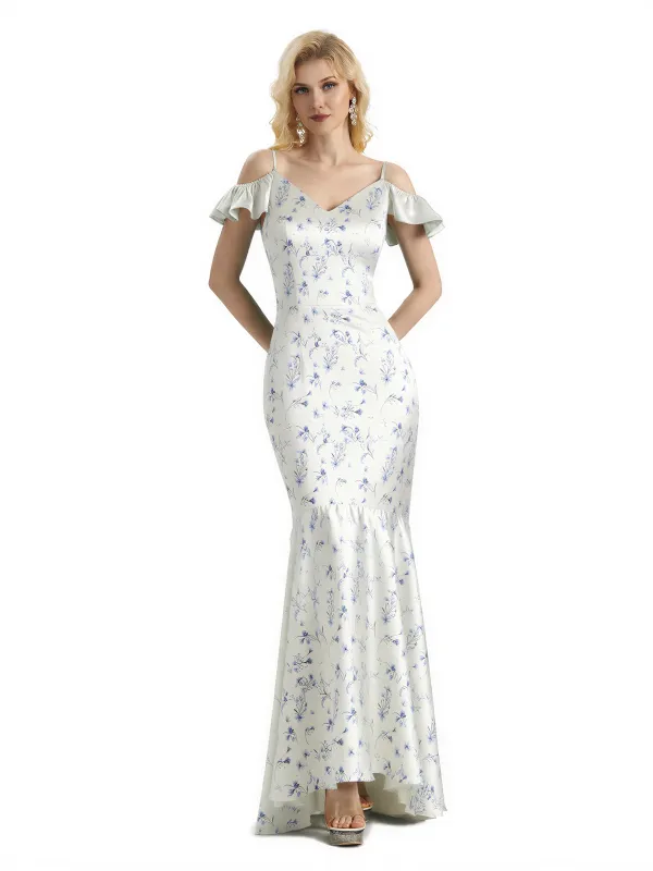Beautiful Mermaid Cold Shoulder Floral Satin Maxi Floral Formal Dresses For Women sold by ChicSew