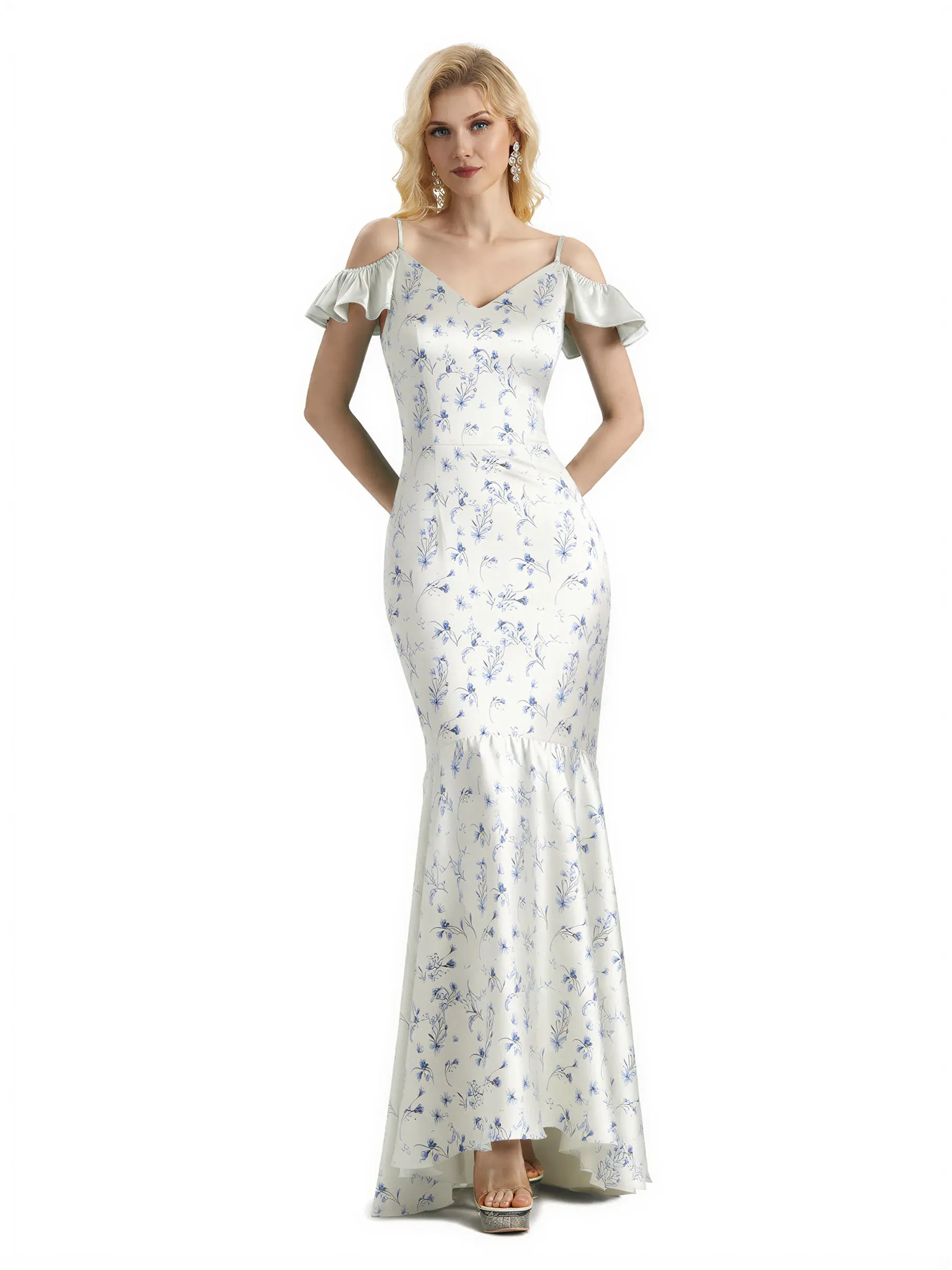 Beautiful Mermaid Cold Shoulder Floral Satin Maxi Floral Formal Dresses For Women sold by ChicSew