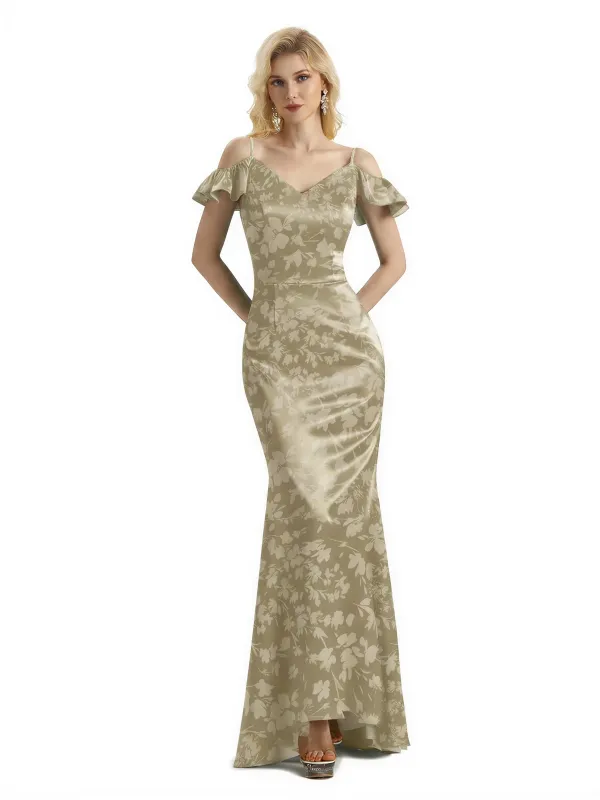 Beautiful Mermaid Cold Shoulder Floral Satin Maxi Floral Formal Dresses For Women sold by ChicSew