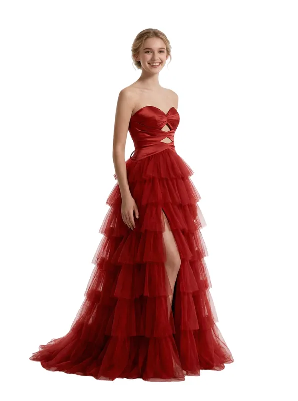 Beautiful Sweetheart Ruffles Side Slit A-Line Floor-Length Long Party Prom Dresses sold by ChicSew
