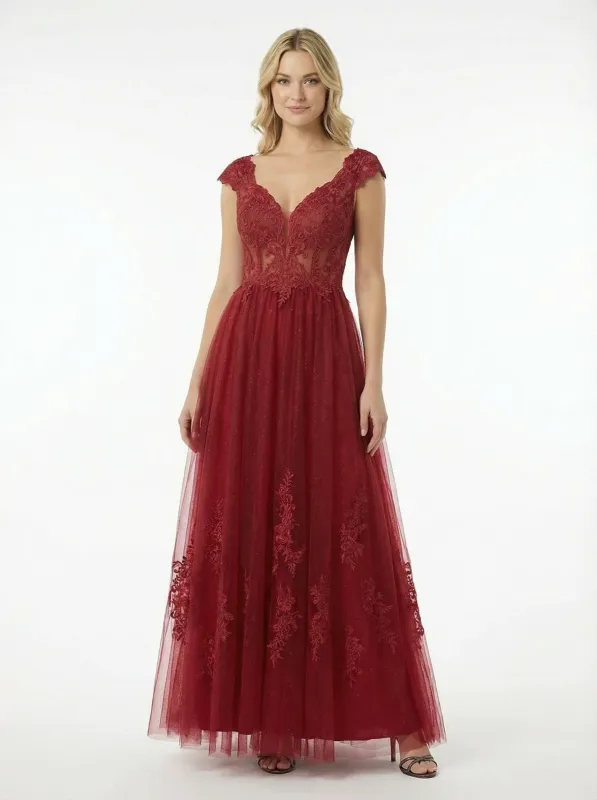 Sexy V-Neck Lace Cap Sleeve Corset A-line Bal Gown Prom Dress sold by ChicSew