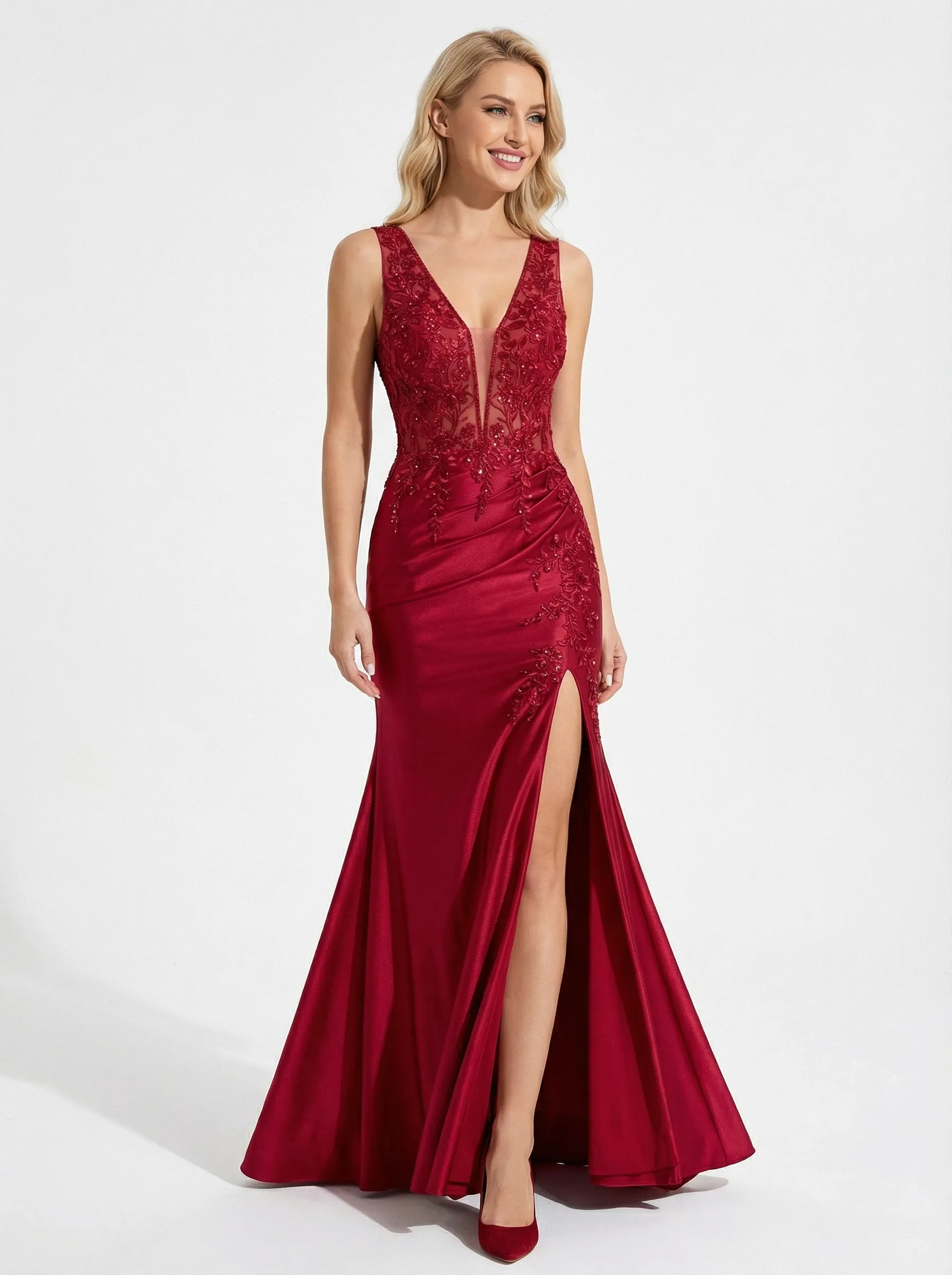 Stunning Deep V-Neck Lace Appliques Corset Mermaid Gown with Side Slit sold by ChicSew