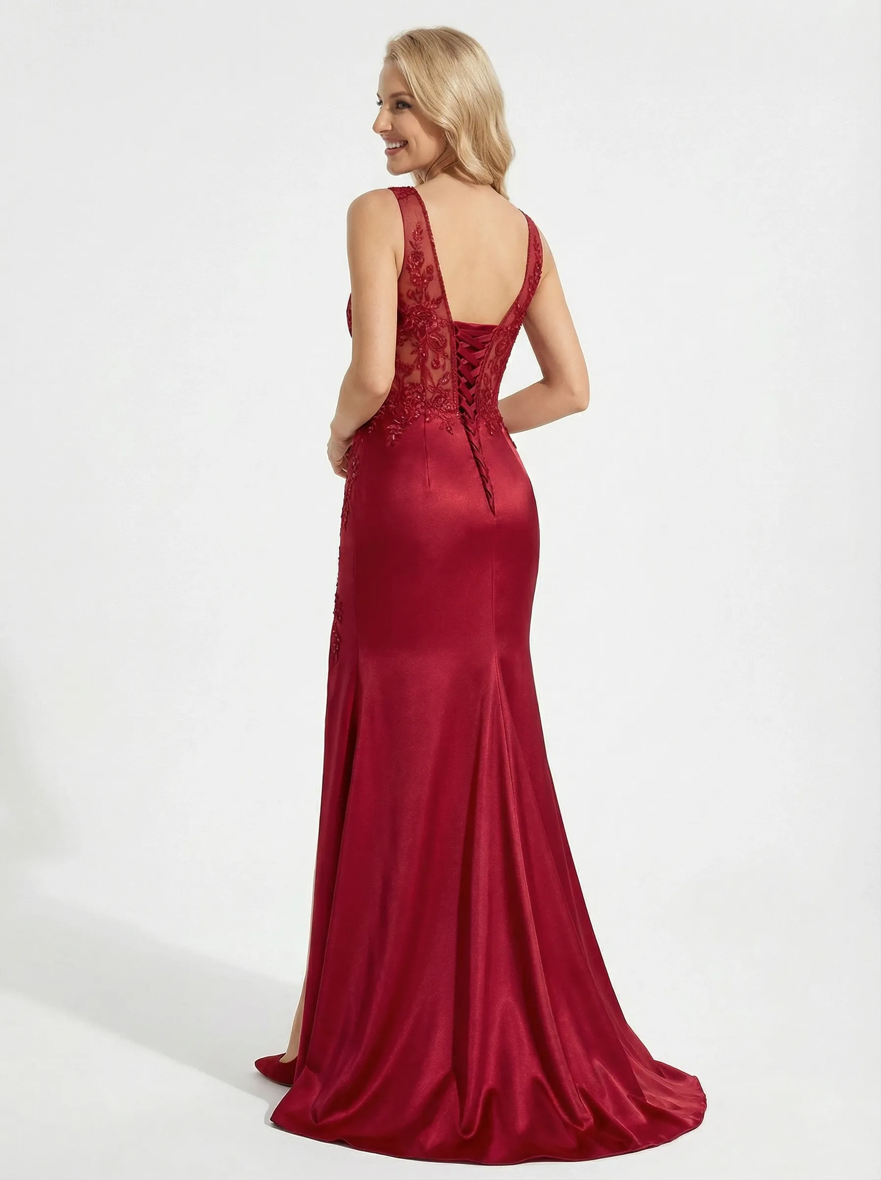 Stunning Deep V-Neck Lace Appliques Corset Mermaid Gown with Side Slit sold by ChicSew product image thumbnail 3