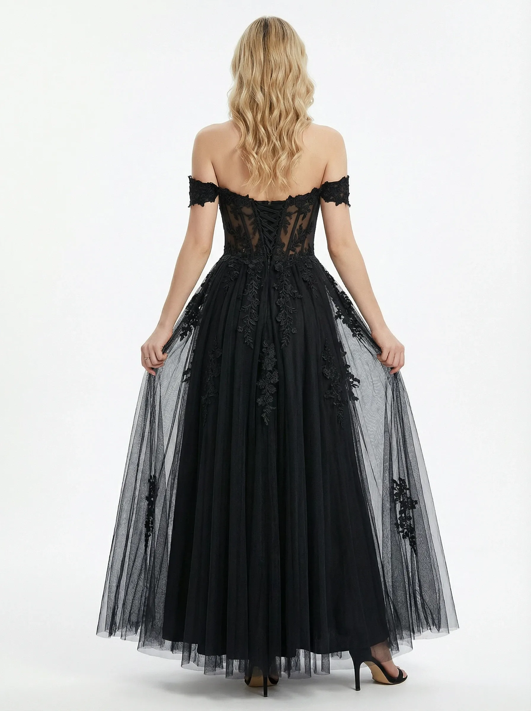 Beautiful Off the Shoulder Lace Tulle Prom Ball Gown with High Slit sold by ChicSew product image thumbnail 3