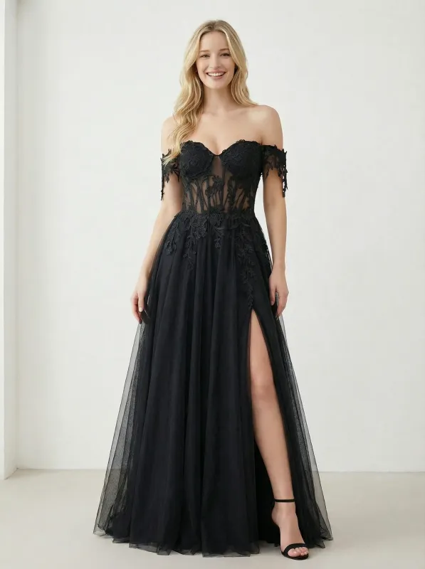Beautiful Off the Shoulder Lace Tulle Prom Ball Gown with High Slit sold by ChicSew