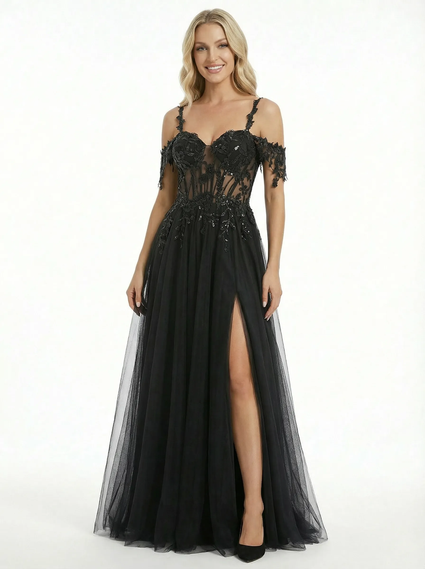 Unique Cold Shoulder Floral Lace Corset High Slit Tulle Ball Gown Prom Dress sold by ChicSew