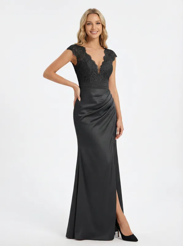 Elegant V-Neck Cap Sleeve Lace Appliques Satin Mermaid Formal Prom Dress sold by ChicSew