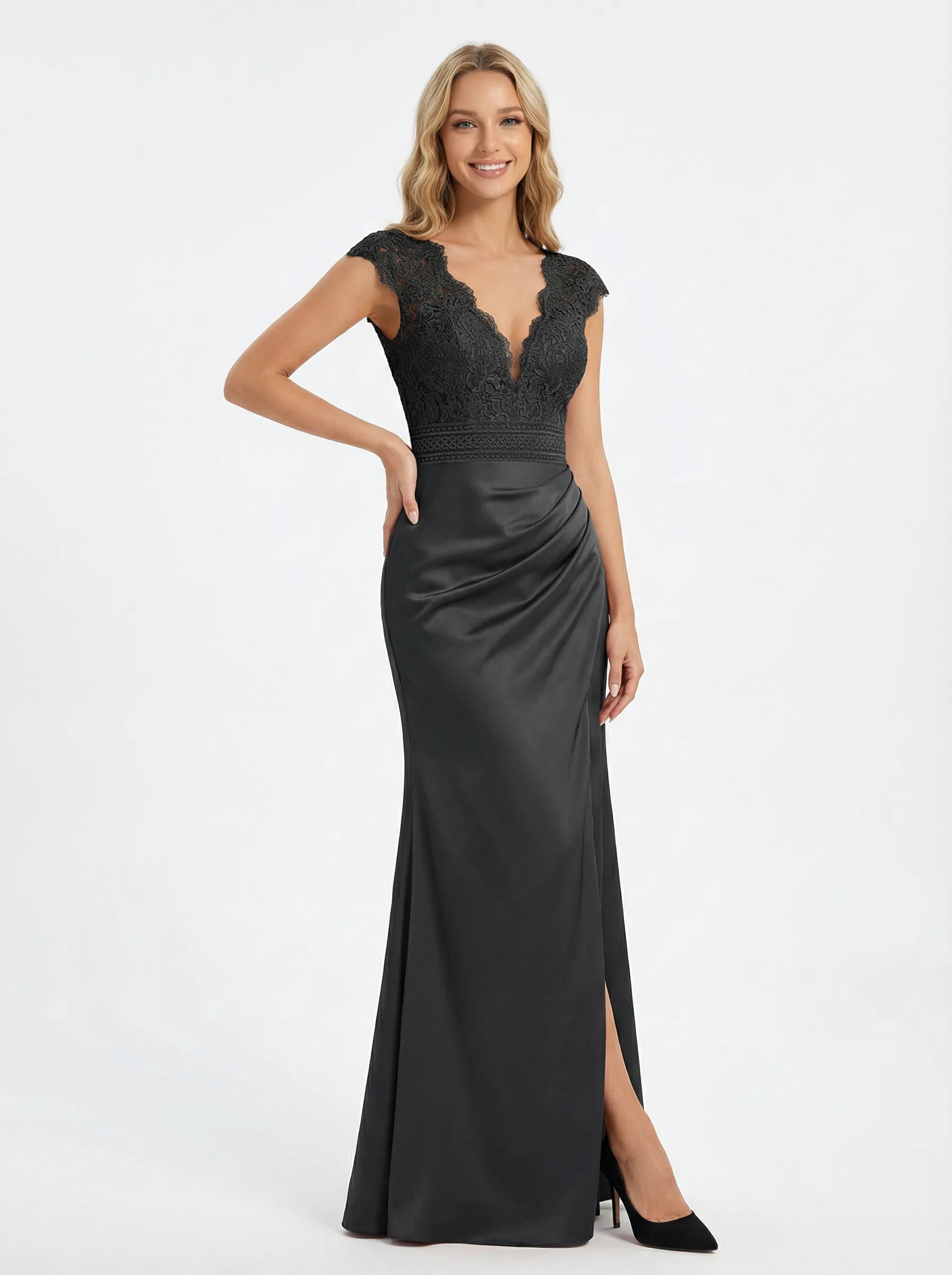 Elegant V-Neck Cap Sleeve Lace Appliques Satin Mermaid Formal Prom Dress sold by ChicSew