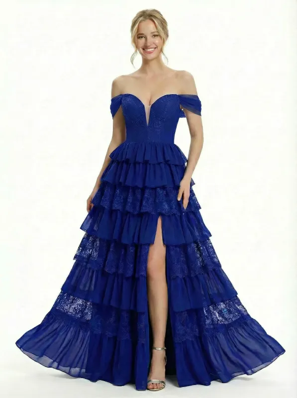 Pretty Off the Shoulder Tiered Tulle Corset Prom Ball Gown For Women sold by ChicSew